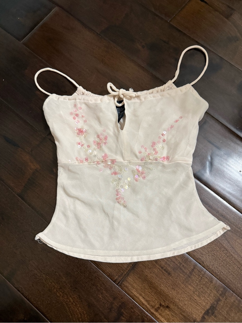 Dollhouse Cream Spaghetti-Strap Cami with Pink Sequin Floral Detail